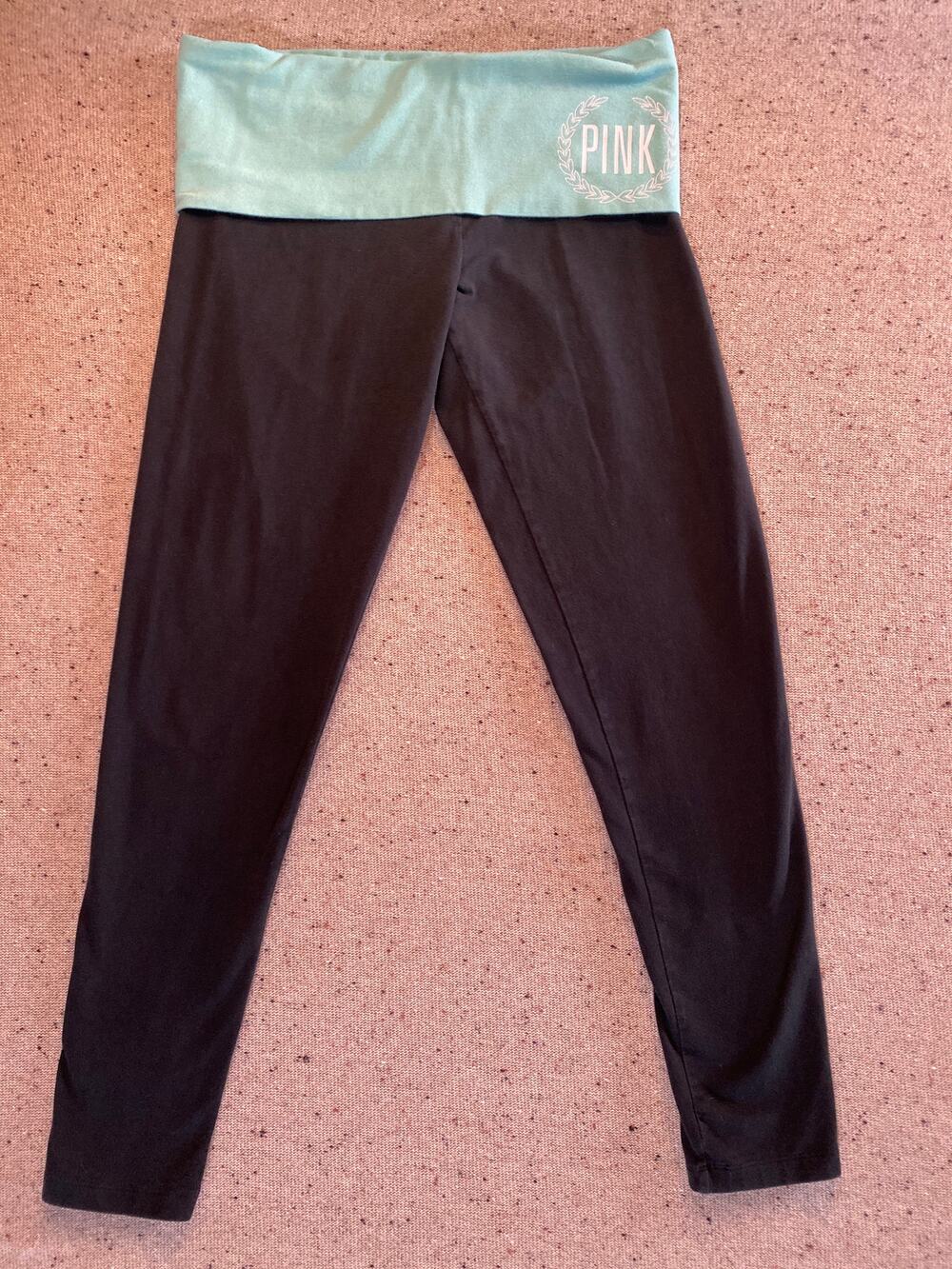 Victoria's Secret Pink Yoga Fold Over Leggings Medium Black and Teal 20" inseam